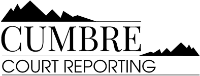 Logo for Cumbre Court Reporting featuring stylized mountain peaks above the company name.